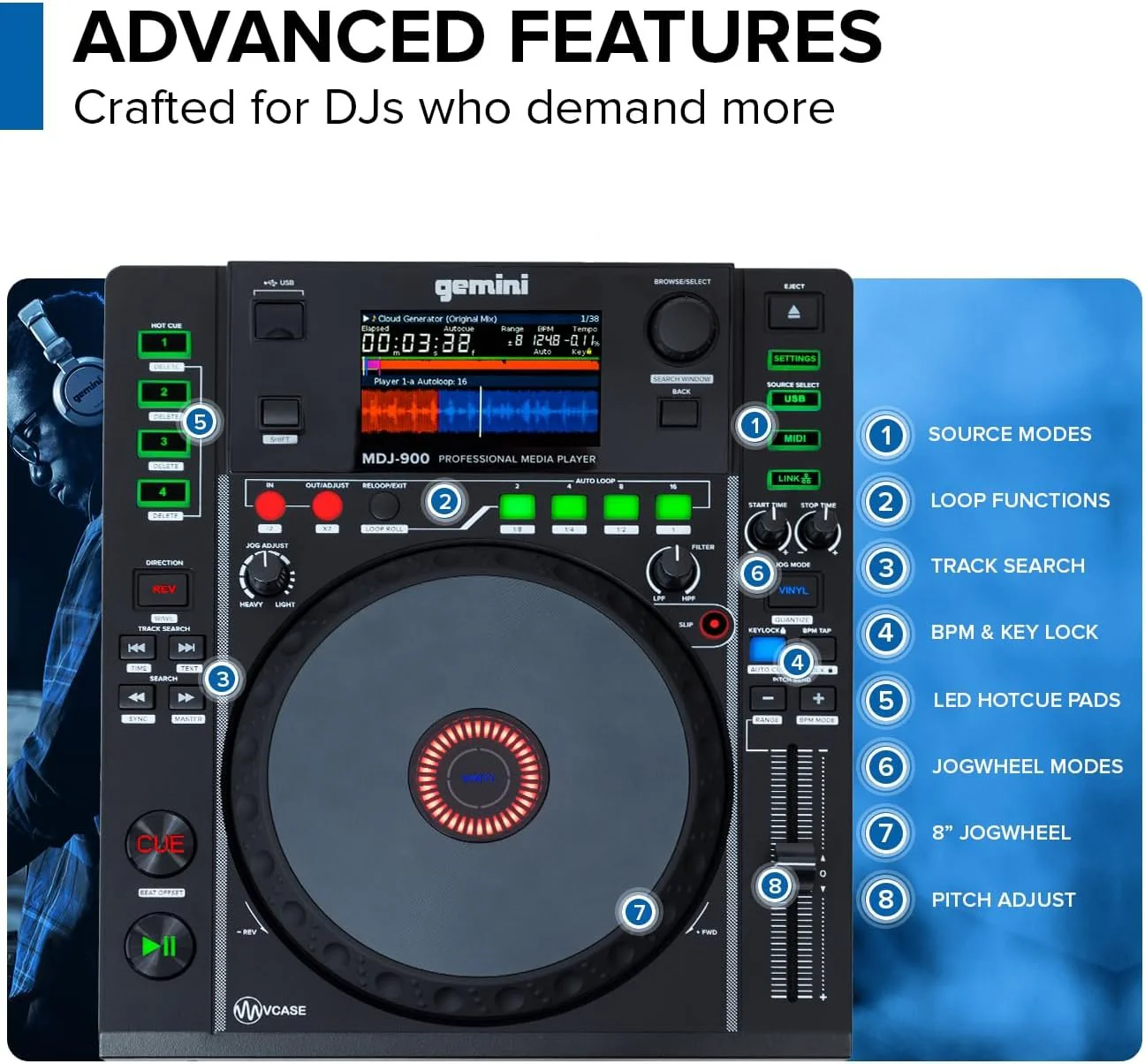 MDJ-900 Professional DJ Media Player 8-Inch Touch Screen USB - Image 4